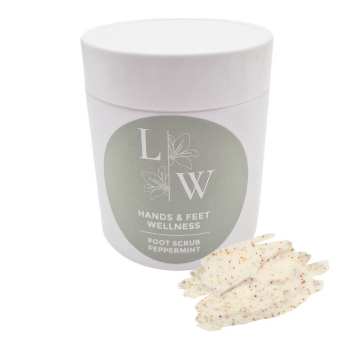 A 500ml container of Leo Wellness peppermint foot scrub and a swatch clearly showing the products with apricot kernels
