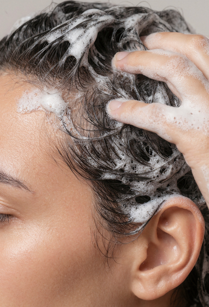 lavera Pflegeshampoo Volume & Lift in der Anwendung (AI-generated image)