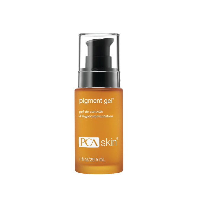 A bottle of PCA skin pigment gel with a black pump, labeled for controlling hyperpigmentation.