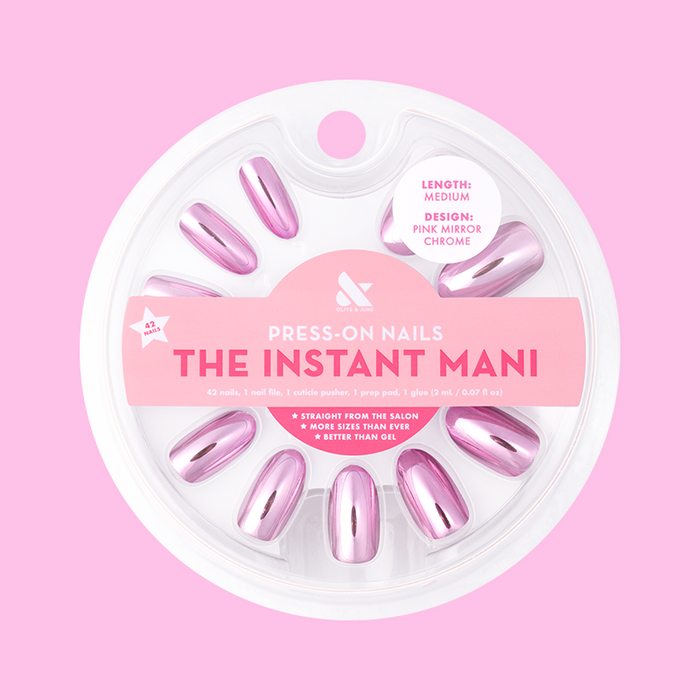 Pink Mirror Chrome - Press-On | Medium | Oval showing medium oval press-on nails with reflective pink chrome polish in round packaging