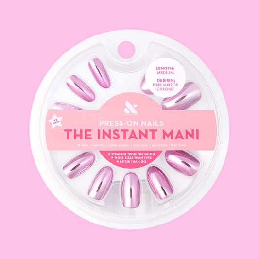 Pink Mirror Chrome - Press-On | Medium | Oval showing medium oval press-on nails with reflective pink chrome polish in round packaging
