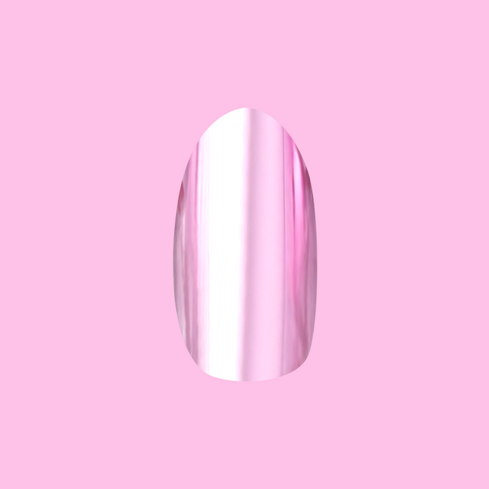 Pink Mirror Chrome - Press-On | Medium | Oval showing a single medium oval false nail with reflective pink chrome polish