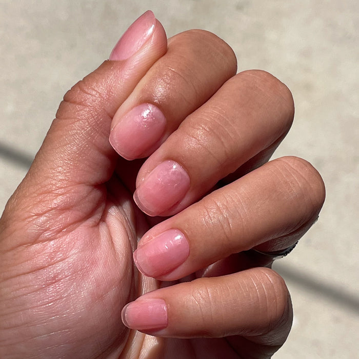 Pink Sands Jelly - Press-On | Extra Short | Squoval showing soft pastel pink jelly press-on nails in extra short squoval shape manicure