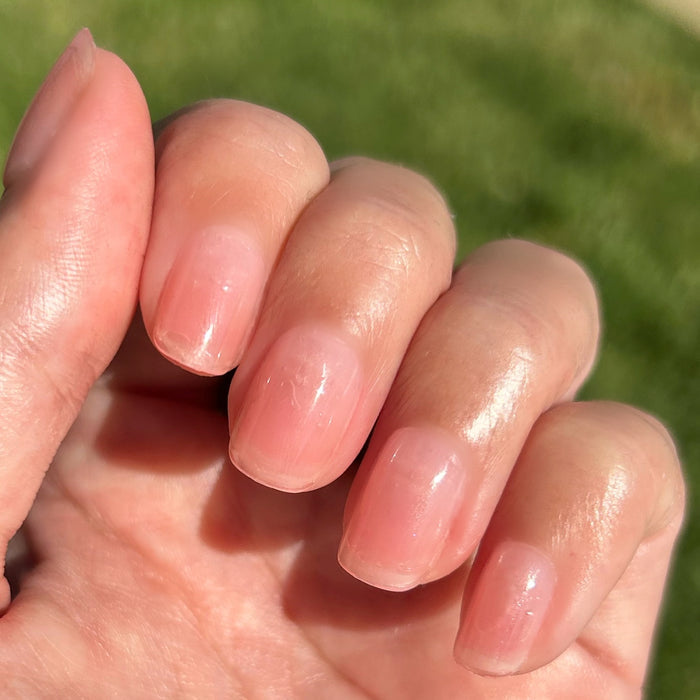 Pink Sands Jelly - Press-On | Extra Short | Squoval showing natural-looking extra short squoval false nails in soft pastel pink jelly finish manicure