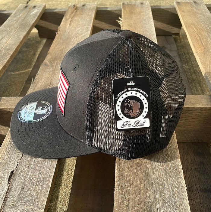 Black snapback cap with an embroidered American flag patch on the front and a mesh back. Side View