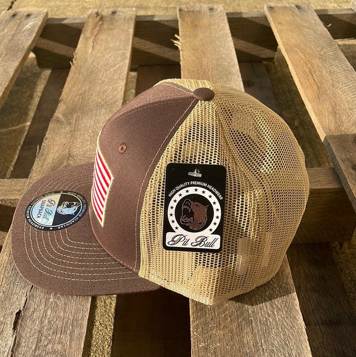 Brown and khaki snapback cap with an embroidered American flag patch on the front and a Khaki mesh back. Side View