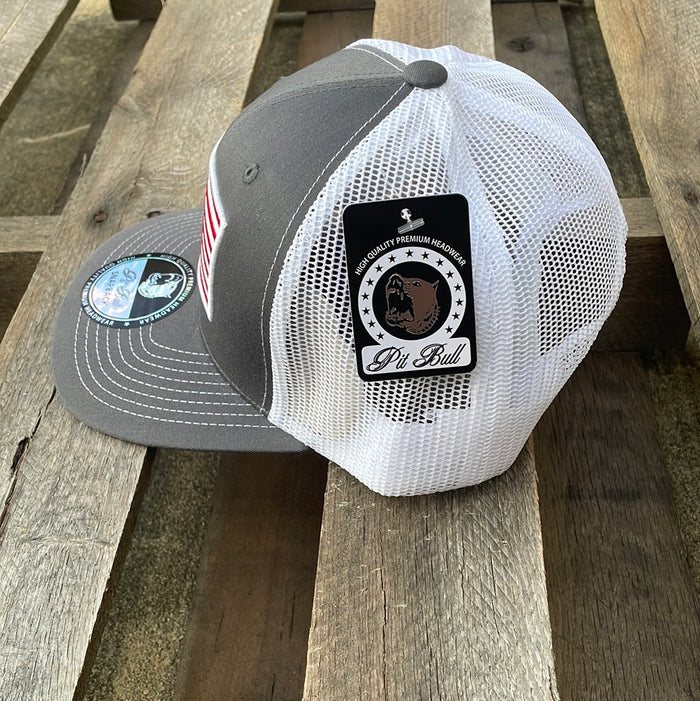 Charcoal and white mesh back Pit Bull Snapback cap with an embroidered American flag patch on the front. Side View