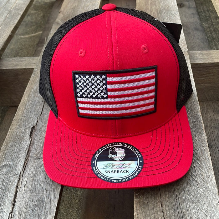 Red and Black cap with an embroidered American flag patch on the front. Front View