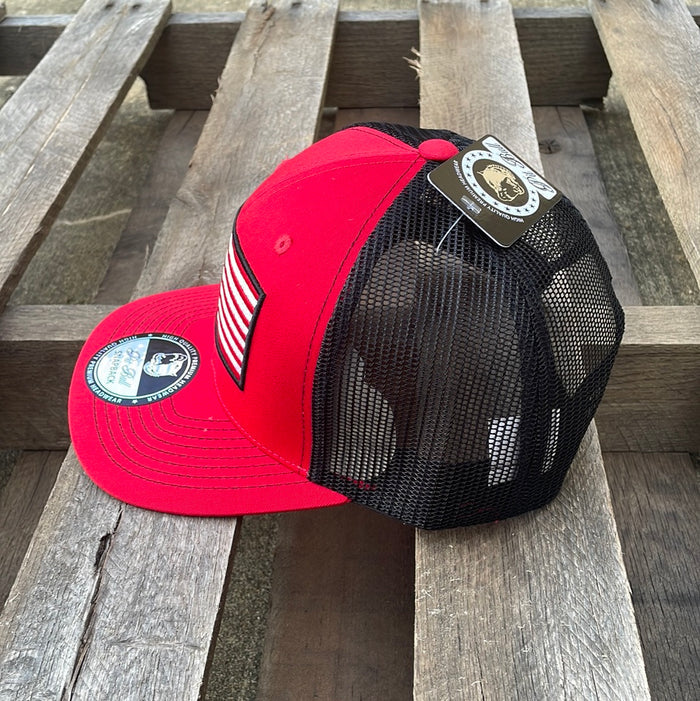 Red and Black cap with an embroidered American flag patch on the front. Side View