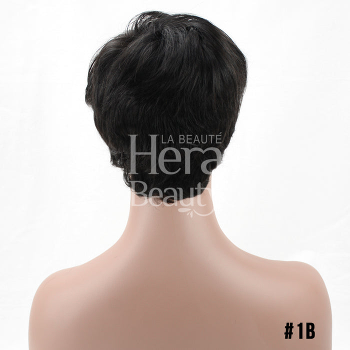 OUTRE human hair pixie wig in natural black 1B short textured back view on mannequin