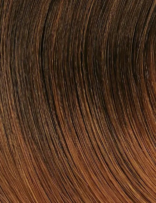 OUTRE 30 inch ponytail extension in warm brown ombre with smooth silky strands close up hair texture