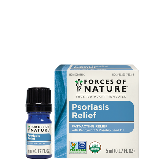 Front view of Psoriasis Relief 5ml travel-size glass bottle and box showing product label on white background