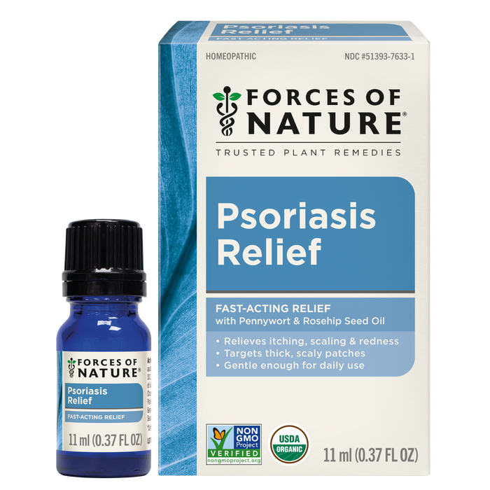 Front view of Psoriasis Relief 11 ml bottle and box showing product label and Forces of Nature logo on white background