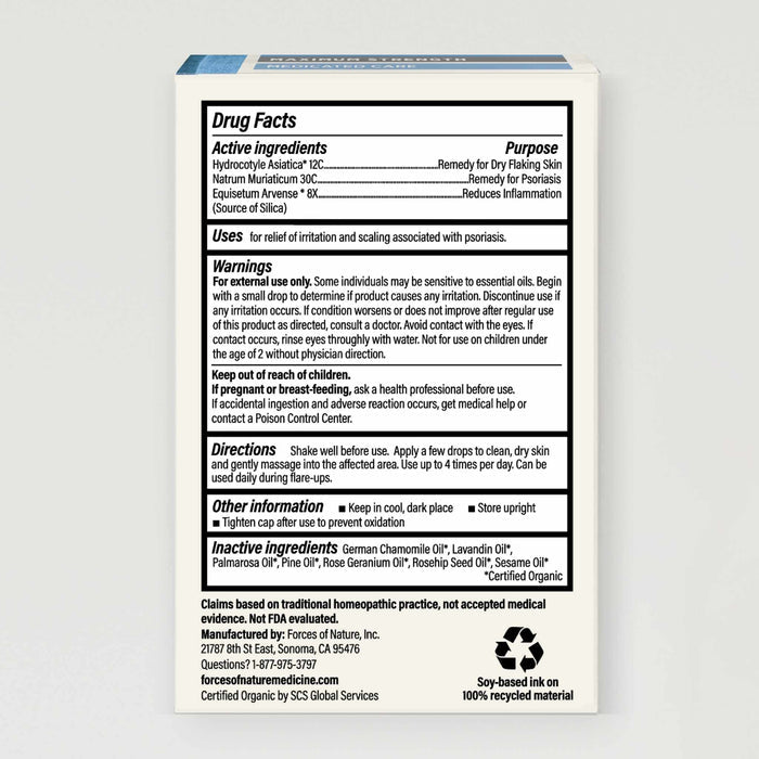Rear view of Psoriasis Relief box showing the Drug Facts panel with active ingredients, uses, warnings, directions, and inactive ingredients on a white background
