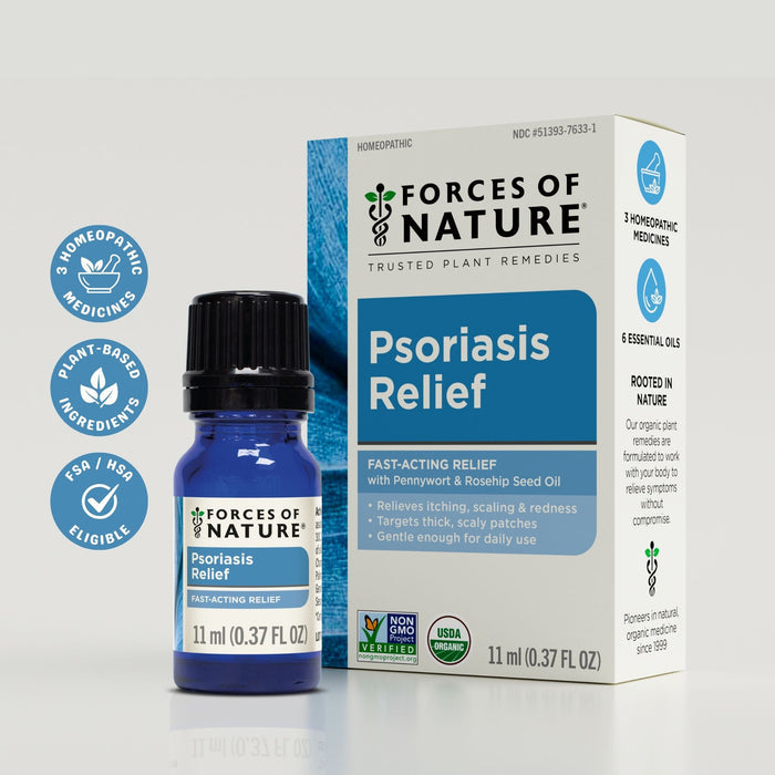 Front view of Psoriasis Relief 11 ml blue glass bottle and box showcasing Fast-Acting Relief label and plant-based badges on light gray background