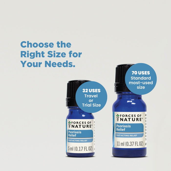 Infographic: ‘Choose the Right Size for Your Needs’ - Psoriasis Relief 5 ml (32 uses) and 11 ml (70 uses)
