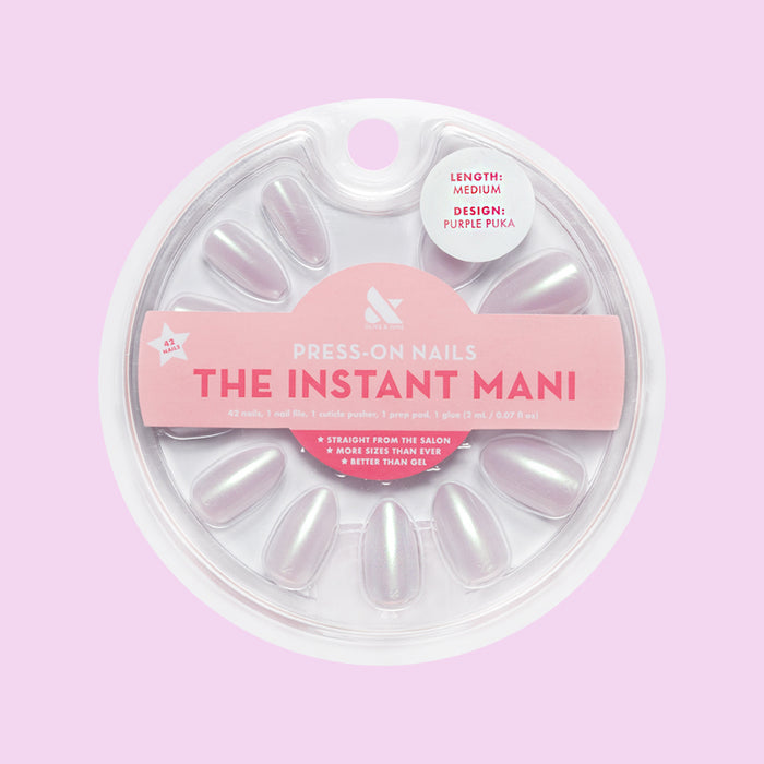 Purple Puka - Press-On | Medium | Almond featuring iridescent lavender medium almond false nails in circular packaging