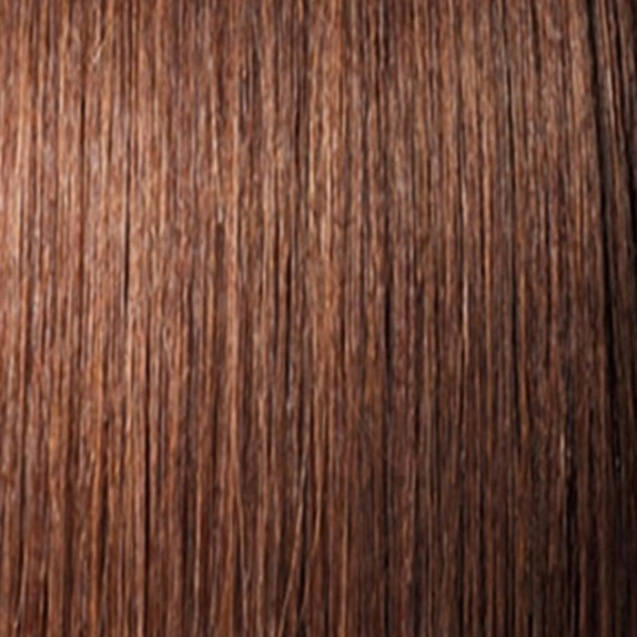 Close-up of OUTRE brand long wavy ponytail extension in rich brown color with smooth texture