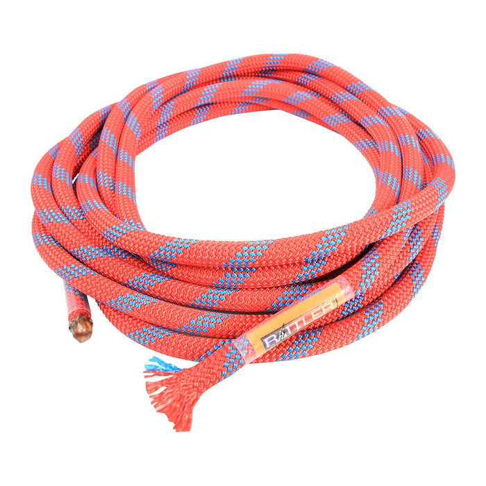 Coiled red and blue jerk line for calf roping.