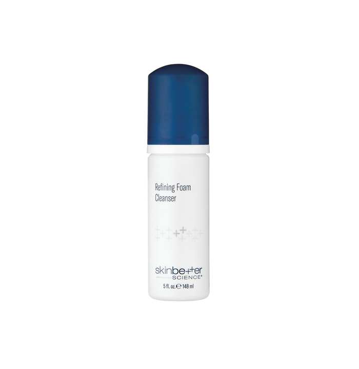 Skincare bottle labeled 'Refining Foam Cleanser' by 'skinbetter science' on a white background
