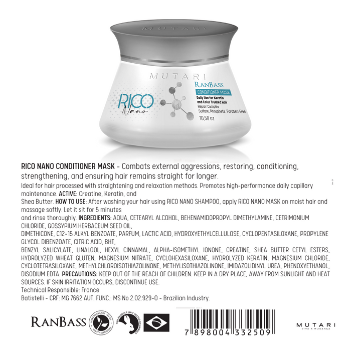 Rico Nano 3 Steps - Daily maintenance Set for hair subjected to Nanoplasty, keratin treatments, and general straightening (Shampoo 8.12 fl. oz + Conditioner 10.58 oz + Leave-in 8.12 fl. oz). All steps are SULFATE-FREE and feature COLOR SAFE  technology.
