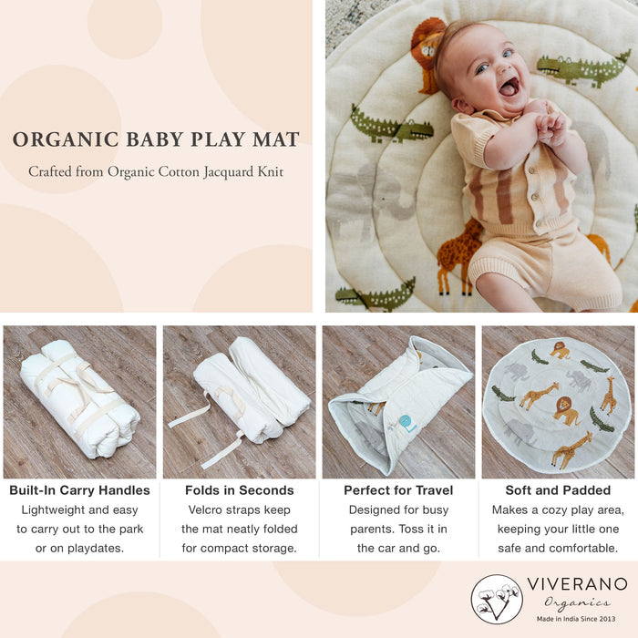 Safari Animal Friends Organic Cotton Knit Baby Padded Round Playmat - Folding Steps