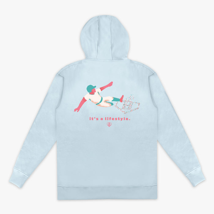 Adult model wearing hoodie with "Safe N Sweet" design