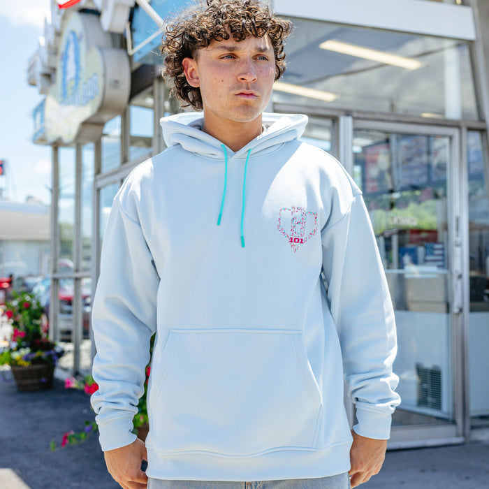 Adult model wearing hoodie with "Safe N Sweet" design
