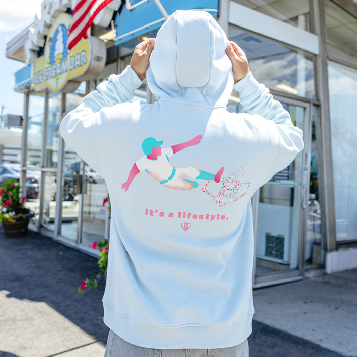 Adult model wearing hoodie with "Safe N Sweet" design