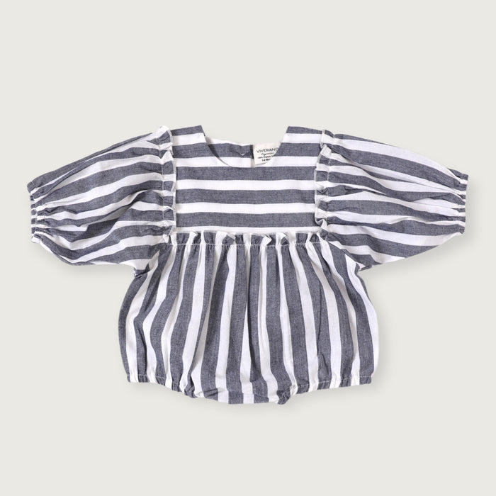 Sasha Blue Stripe Puff Sleeve Bubble Baby Romper (Organic Cotton)