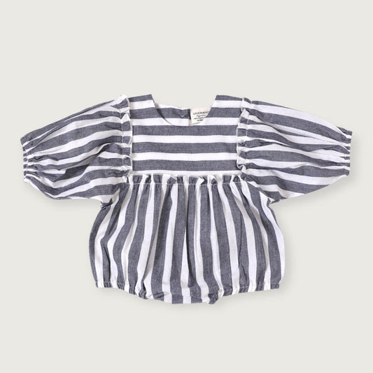 Sasha Blue Stripe Puff Sleeve Bubble Baby Romper (Organic Cotton)