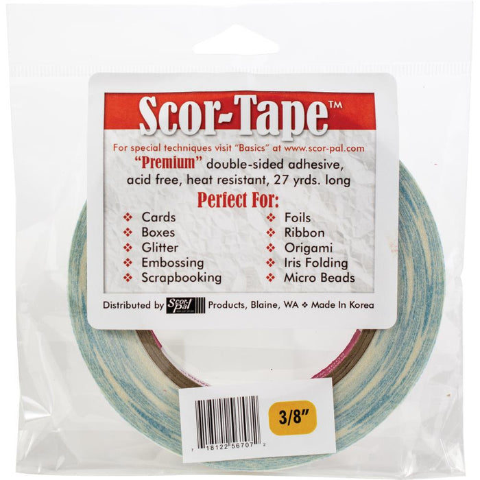 Scor-Tape - .375"X27yd. Premium double-sided adhesive that is perfect for cards, boxes, glitter, embossing, scrapbooking, foils, ribbon, origami, iris folding, micro beads, and much more! This tape is acid free and heat resistant. Available at Embellish Away located in Bowmanville Ontario Canada.