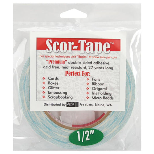 Scor-Tape - .5"X27yd. Premium double-sided adhesive that is perfect for cards, boxes, glitter, embossing, scrapbooking, foils, ribbon, origami, iris folding, micro beads, and much more! This tape is acid free and heat resistant. Available at Embellish Away located in Bowmanville Ontario Canada.