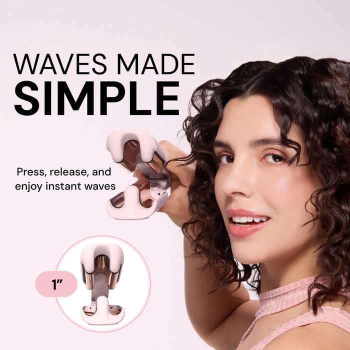 Model creating waves with L’ange waver. Text reads: “Waves Made Simple. Press, release, and enjoy instant waves.”