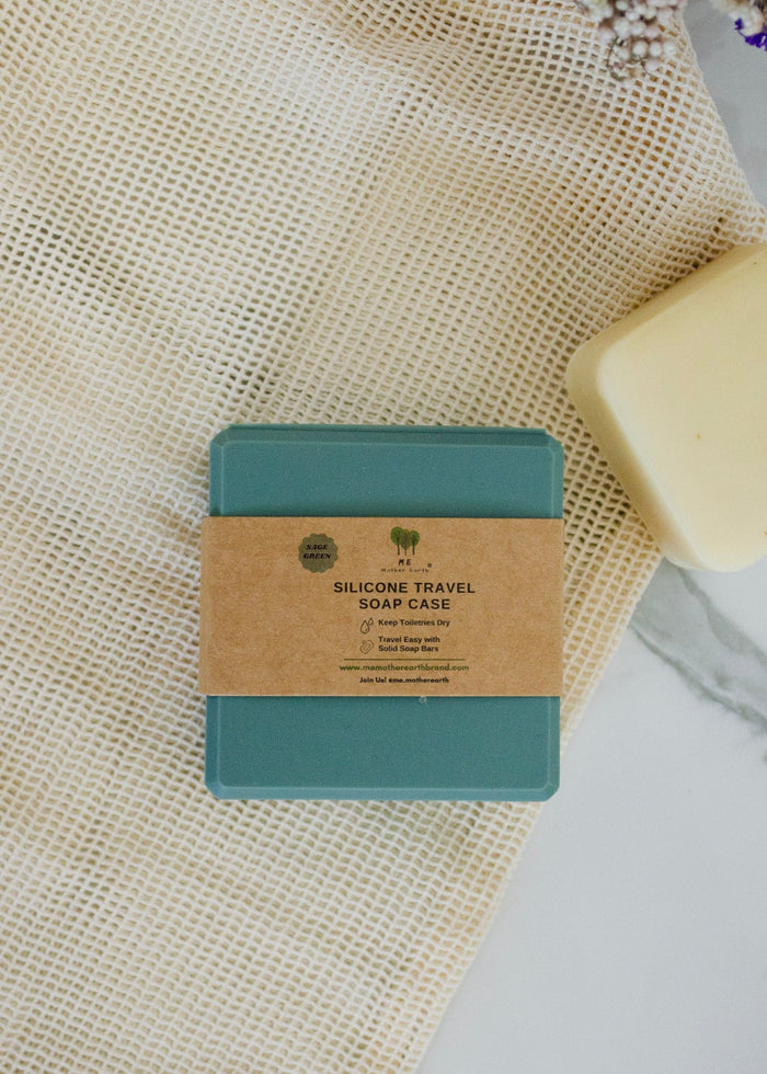 Silicone travel soap case on a textured fabric background