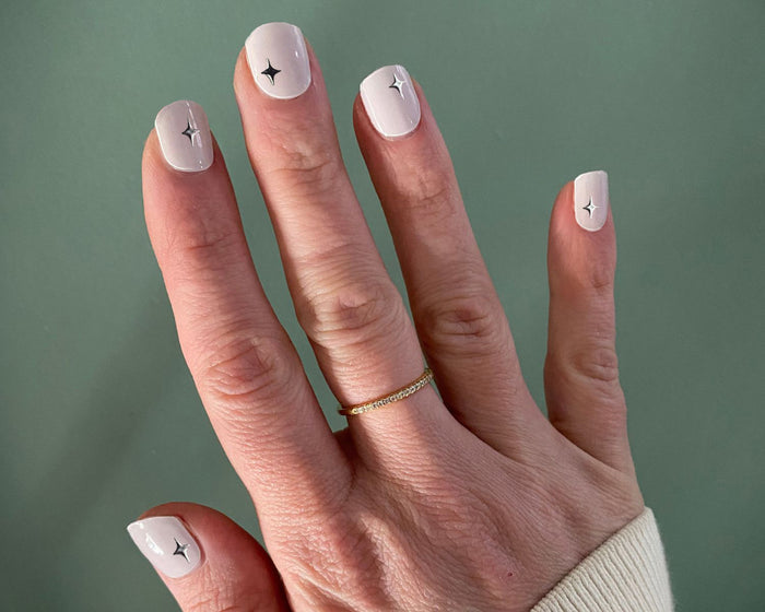 Silver Lining nail art bundle look, a soft mani with delicate silver star details