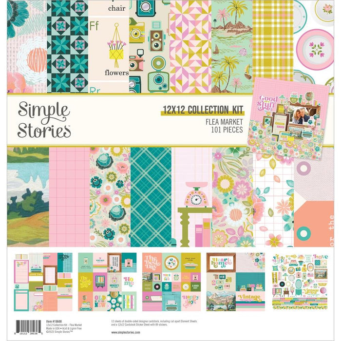 Simple Stories - Collection Kit 12"X12" - Flea Market. Contains 12 sheets of double-sided 12x12 inch Designer Cardstock including cut apart Journal and Elements Sheets and a 12x12 inch Cardstock Sticker Sheet with 89 stickers; 101 pieces total. Available at Embellish Away located in Bowmanville Ontario Canada.