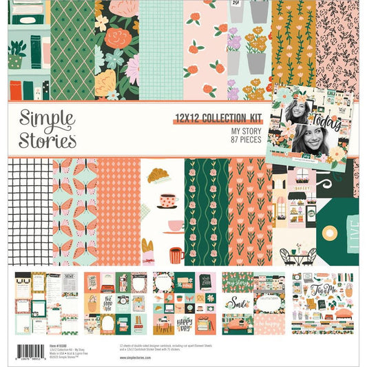 Simple Stories - Collection Kit 12"X12" - My Story. Contains 12 sheets of double-sided 12x12 inch Designer Cardstock including cut apart Journal and Elements Sheets and a 12x12 inch Cardstock Sticker Sheet with 75 stickers; 87 pieces total. Available at Embellish Away located in Bowmanville Ontario Canada.