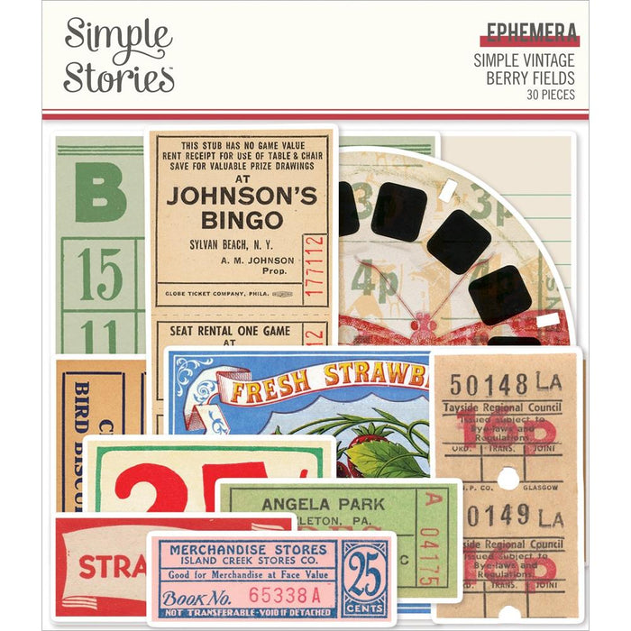 Simple Stories - Ephemera - 30/Pkg - Simple Vintage Berry Fields. Die-Cuts are a great addition to scrapbook pages, greeting cards and more! The perfect embellishment for all your paper crafting needs! Available at Embellish Away located in Bowmanville Ontario Canada.