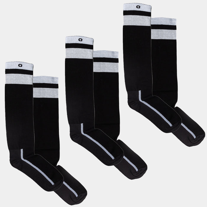 Four pairs of black knee-high socks with gray tops featuring a black stripe and a small logo, displayed side by side on a white background.