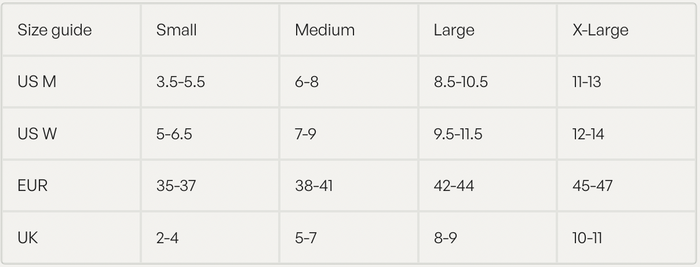 A size guide chart showing Small, Medium, Large, and X-Large for US M, US W, EUR, and UK shoe sizes, with corresponding size ranges for each category.