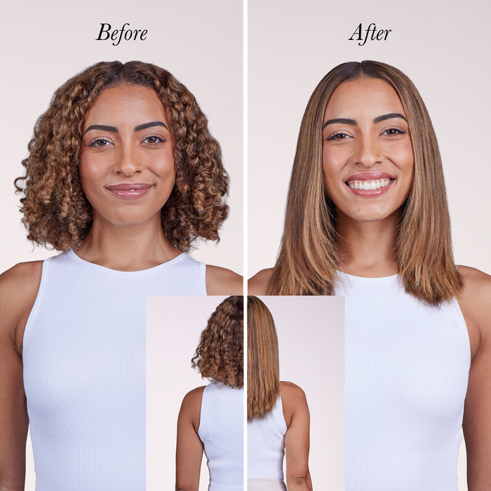 Model showing her before and after using Smooth-It to get a sleek, straight look.