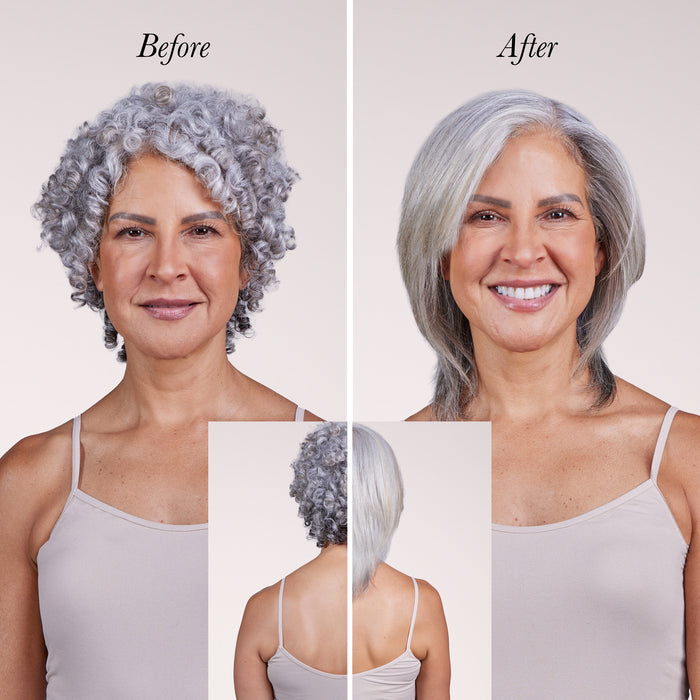 Model showing her before and after using Smooth-It to get a sleek, straight look.