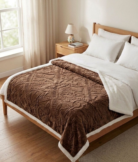 Soft Fleece Blanket | Double-Sided Sherpa | Embossed Floral Design | Warm & Cozy - Brown
