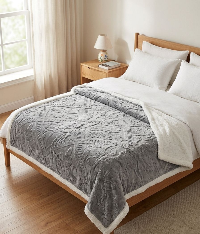 Soft Fleece Blanket | Double-Sided Sherpa | Embossed Floral Design | Warm & Cozy - Charcoal Grey