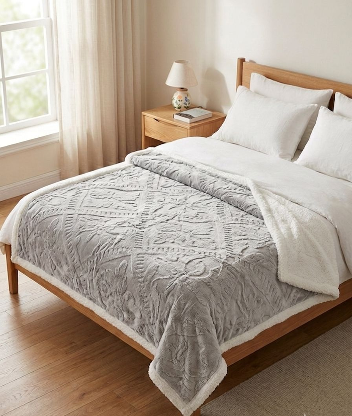 Soft Fleece Blanket | Double-Sided Sherpa | Embossed Floral Design | Warm & Cozy - Grey