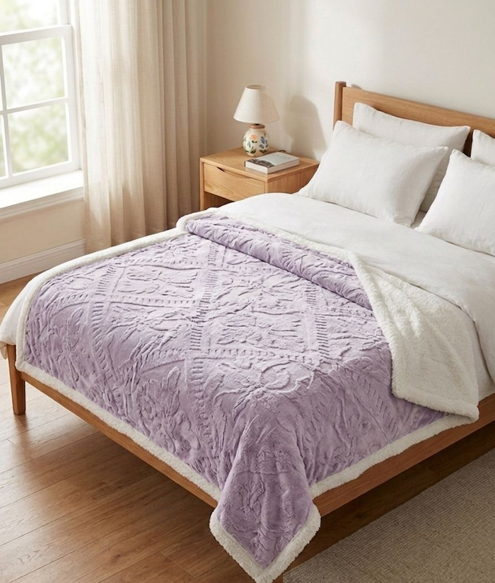 Soft Fleece Blanket | Double-Sided Sherpa | Embossed Floral Design | Warm & Cozy - Lavender
