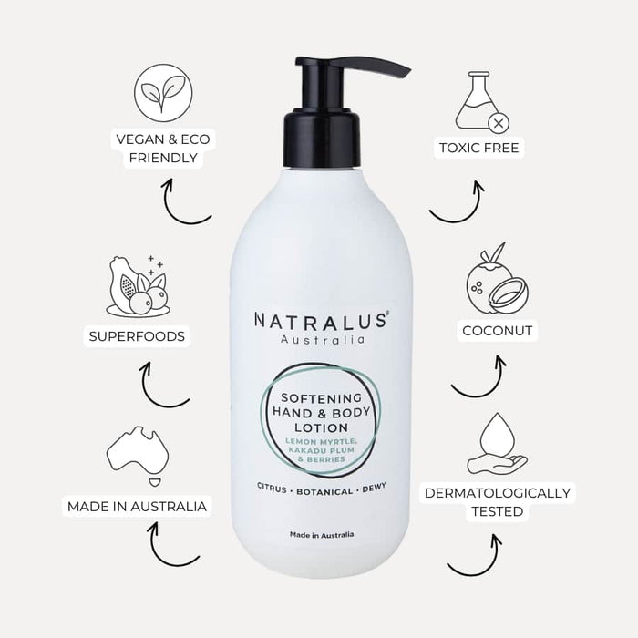 Sulfate-free Softening hand and body lotion with lemon myrtle, Kakadu plum, and berries
