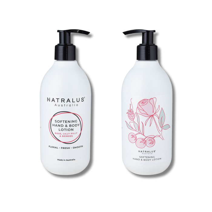 Natralus Softening Hand & Body Lotion Rose Lilly Pilly & Berries – natural Australian skincare with rose, lilly pilly and berry blend. Hydrating lotion for dry skin, free from parabens and harsh chemicals. Stylish bathroom décor, cruelty-free, made for Australian conditions.