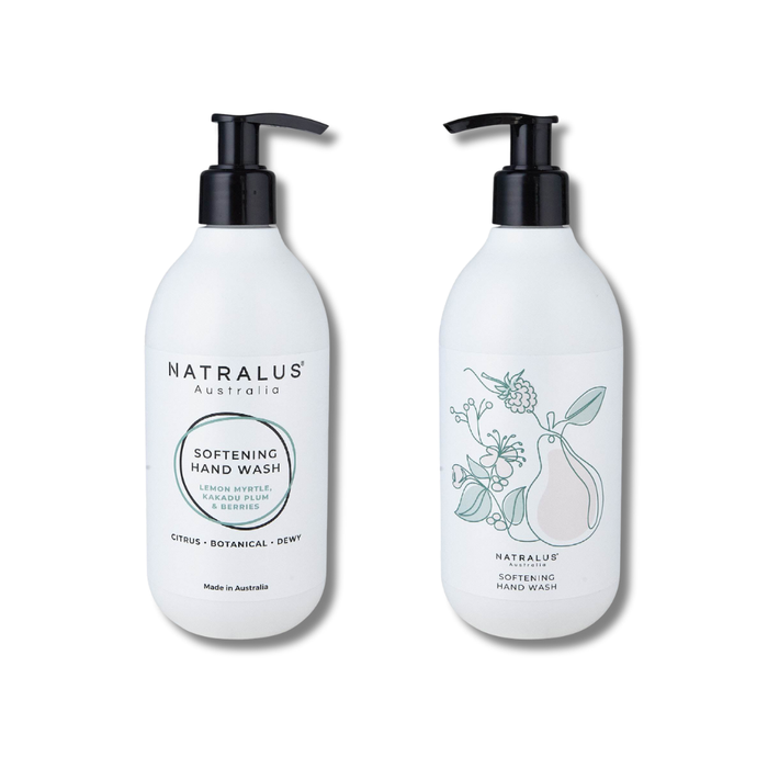 Softening Hand Wash Lemon Myrtle & Kakadu Plum by Natralus – natural Australian hand wash with coconut-derived cleansers, sulphate-free formula, citrus and woody fragrance, ultra-stylish peel & reveal packaging, perfect for sink or benchtop décor